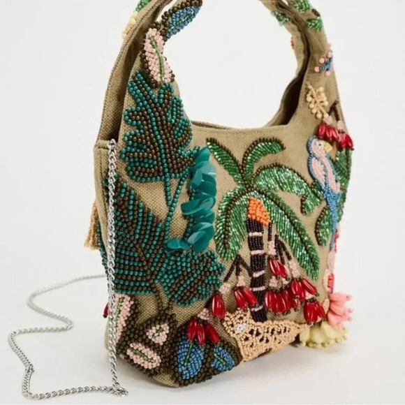 NWT Zara Beaded Mini Bucket Bag Canvas Jungle Tropical Animal 6525/310 - Picture 7 of 15